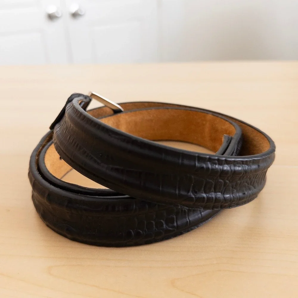 Mens‎ Genuine Leather Belt Medium Black Crocodile Embossed Silver Buckle Western